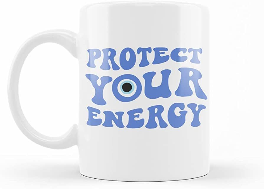 LINDENPAL Protect Your Energy Mug Evil Eyes Mug 11 Oz White Ceramic Coffee Novelty Mug Funny Gift... | Amazon (US)