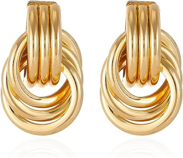 GAOKOXI Gold/Silver Statement Geometric Earrings for Women Girls Chunky Gold Knot Link Drop Dangl... | Amazon (US)