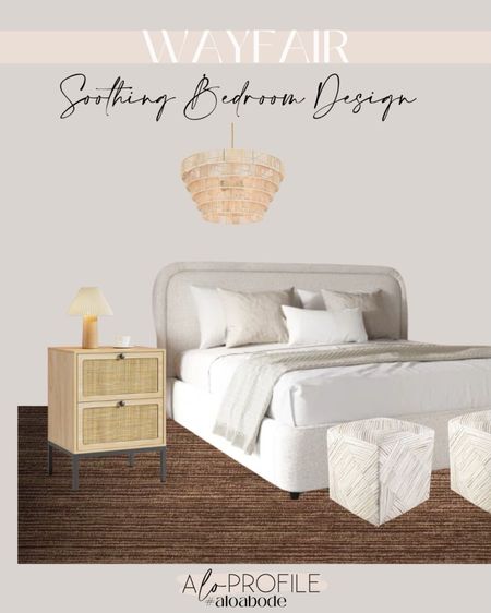Neutral Bedroom // neutral styled bedroom, white oak nightstands, rustic table lamps, neutral bedframe, linen beaframe, oak bookcase, textured euro pillows, patterned pillows, cream Drapery, pinch pleat curtains, Wayfair furniture, neutral patterned area rug, Wayfair decor, affordable bedroom decor
