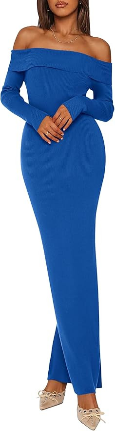 PRETTYGARDEN Womens Fall Sweater Dress 2026 Long Sleeve Off Shoulder Slit Maxi Bodycon Cocktail P... | Amazon (US)