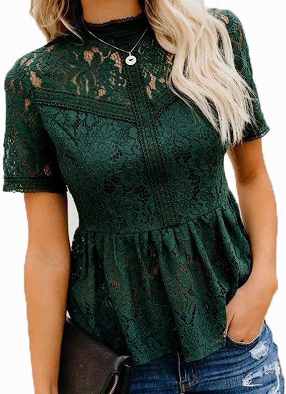 Tobrief Women's Short Sleeve Sexy Sheer Mesh Lace Blouse Peplum Top | Amazon (US)