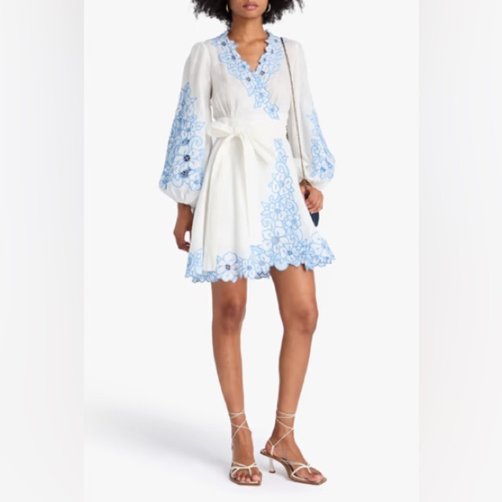 Zimmermann Golden Floral-Embroidered Linen Wrap Mini Dress in Ivory and Blue | Poshmark