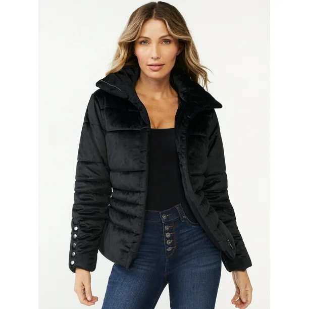 Sofia Jeans by Sofia Vergara Women's Velveteen Puffer Jacket with Belt - Walmart.com | Walmart (US)