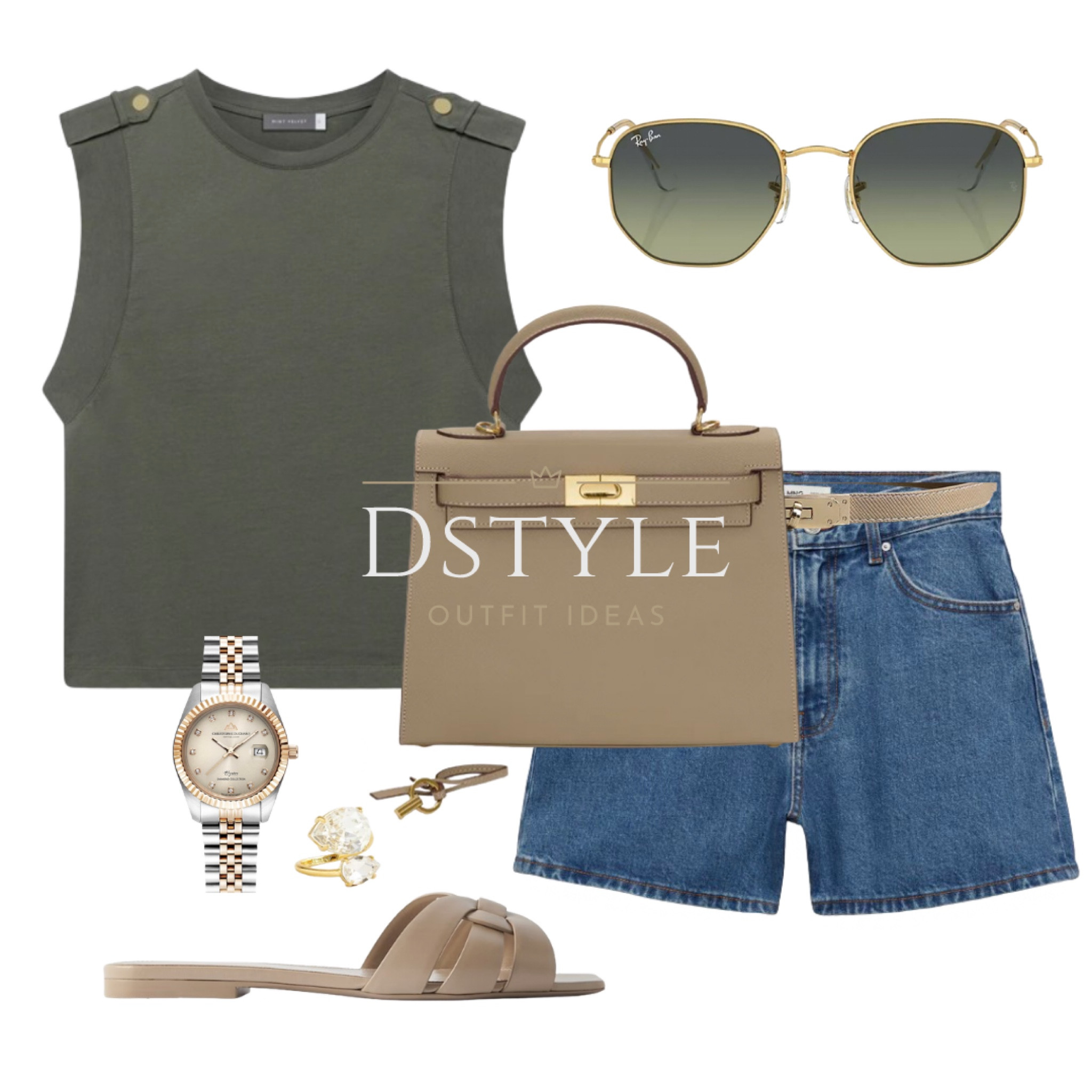 Khaki t-shirt, denim shorts, leather handbag, slides, sunglasses, watch - Christophe Duchamp - Enjoy 85% OFF at checkout by using my discount code dstyle85 

Khaki tones, khaki ootd, summer outfit

#LTKSeasonal #LTKitbag #LTKstyletip