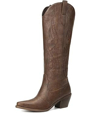 Pasuot Western Cowboy Boots for Women - Knee High Wide Calf Cowgirl Boots, Slip On Pointed Toe Ch... | Amazon (US)