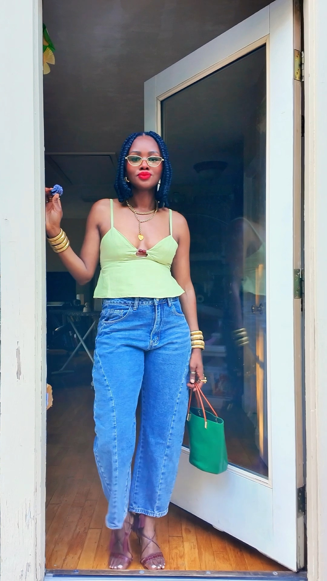 A cute summer/Spring outfit for my fellow 40+ Mom! I went with a green them with a green peplum top and green bag 
.
