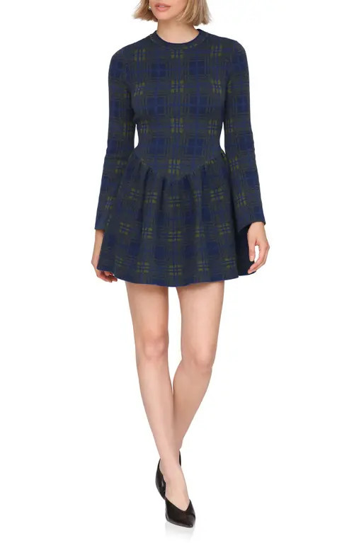Avec Les Filles Basque Waist Long Sleeve Skater Sweater Dress in Cadet at Nordstrom, Size Large | Nordstrom