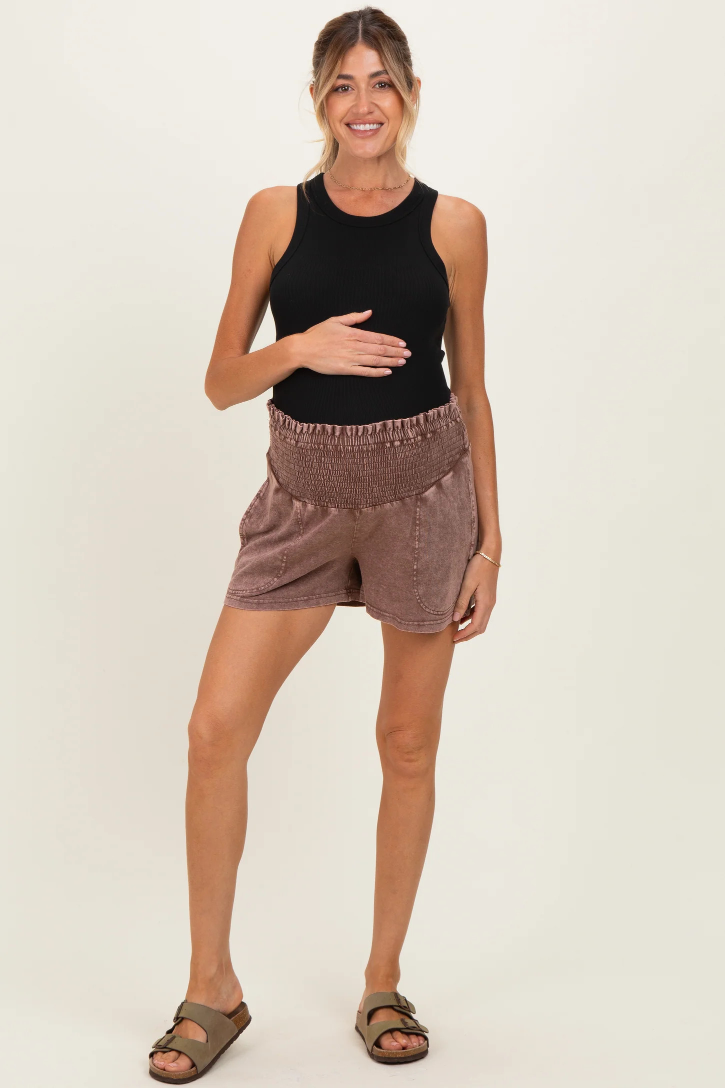 Chocolate Smocked Waist Mineral Wash Maternity Shorts | PinkBlush Maternity