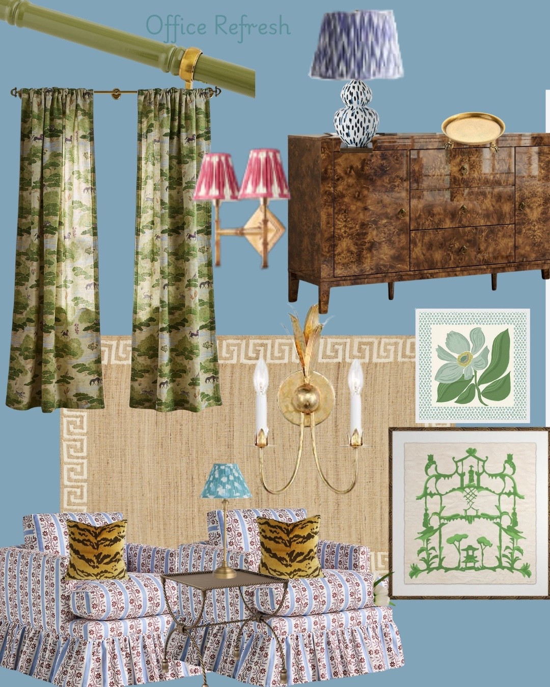 Office Refresh 🩵🌿🤎

These Anthro chairs I cannot get off my brain!! Burlwood sideboard adds warmth and of course extra storage 🤎 Greek
key rug. 

Pooky Lighting 💡. 

Blue and white added in of course.

Dana Gibson 🖼️.

#LTKHome #LTKdayinmylife