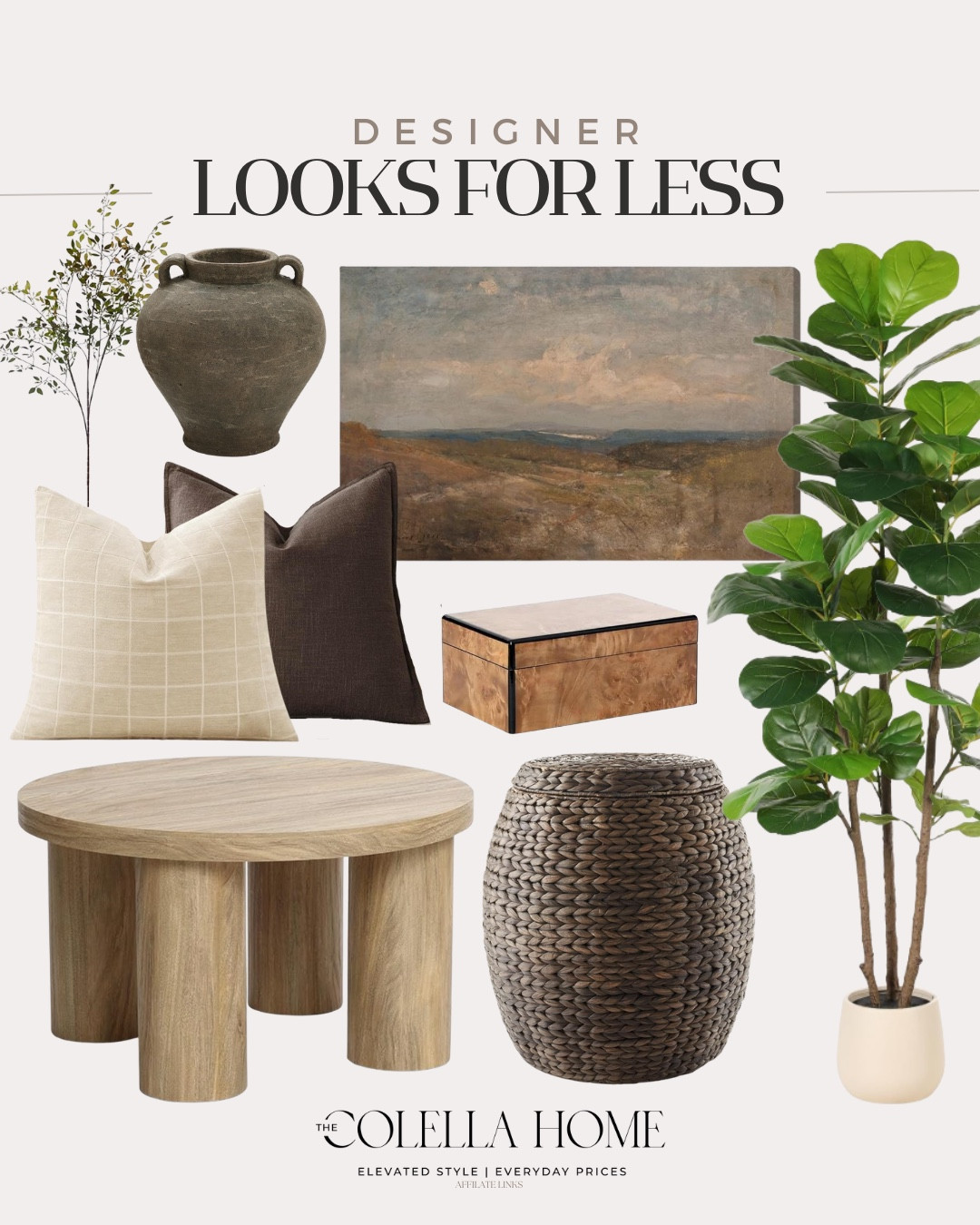 Designer looks for less include faux tree, basket, coffee table, decorative box, throw pillows, wall art, vase, greenery stems.

Looks for less, home decor, neutral decor 

#LTKSaleAlert #LTKHome #LTKvlog