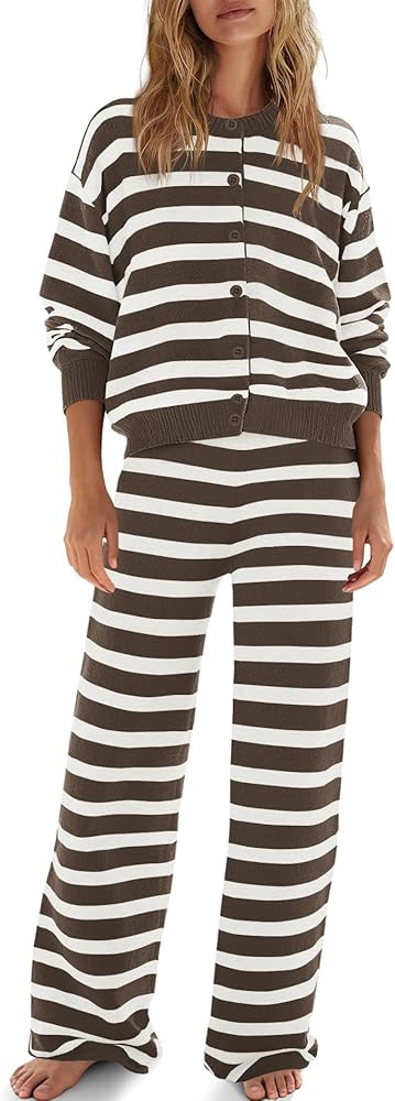 ReachMe Womens Oversized Striped 2 Piece Sets Button Up Cardigan and Wide Leg Pants with Pockets ... | Amazon (US)