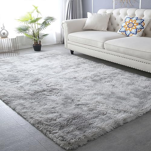 Grey Shag Area Rug 9x12 - Large Soft Plush Grey Rugs for Bedroom Living Room - Non Slip Modern Shaggy Fuzzy Floor Carpet,Tie-Dyed Light Gray, | Amazon (US)