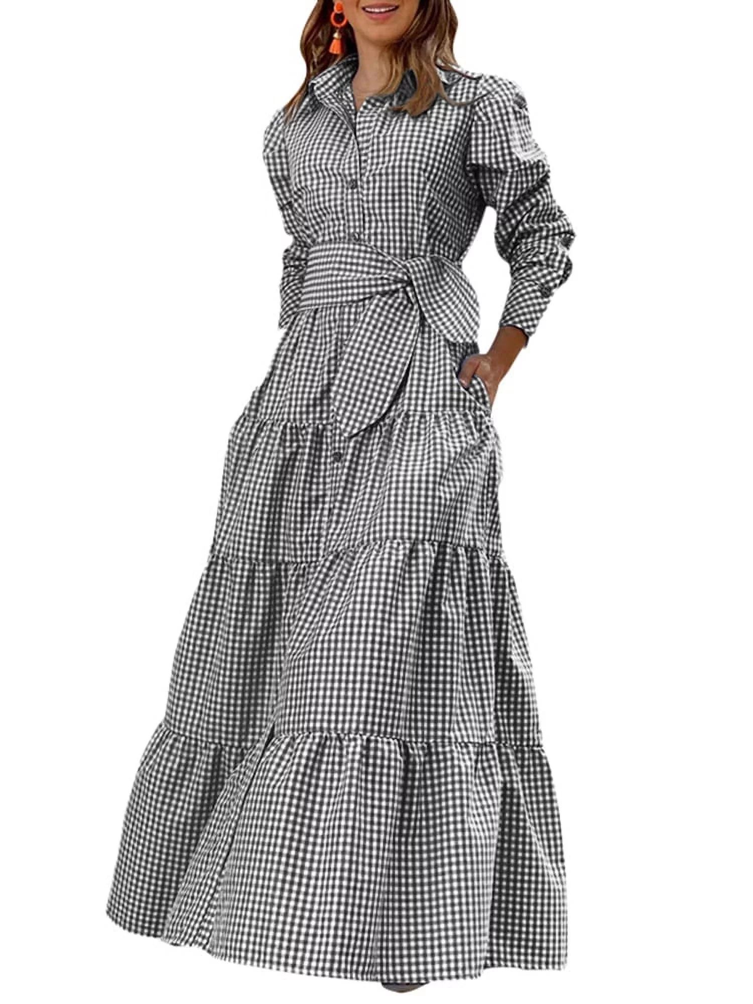Women's Long Sleeve Vintage Checked Maxi Dress Solid Color Plaid Casual Ruffle Dress | Walmart (US)