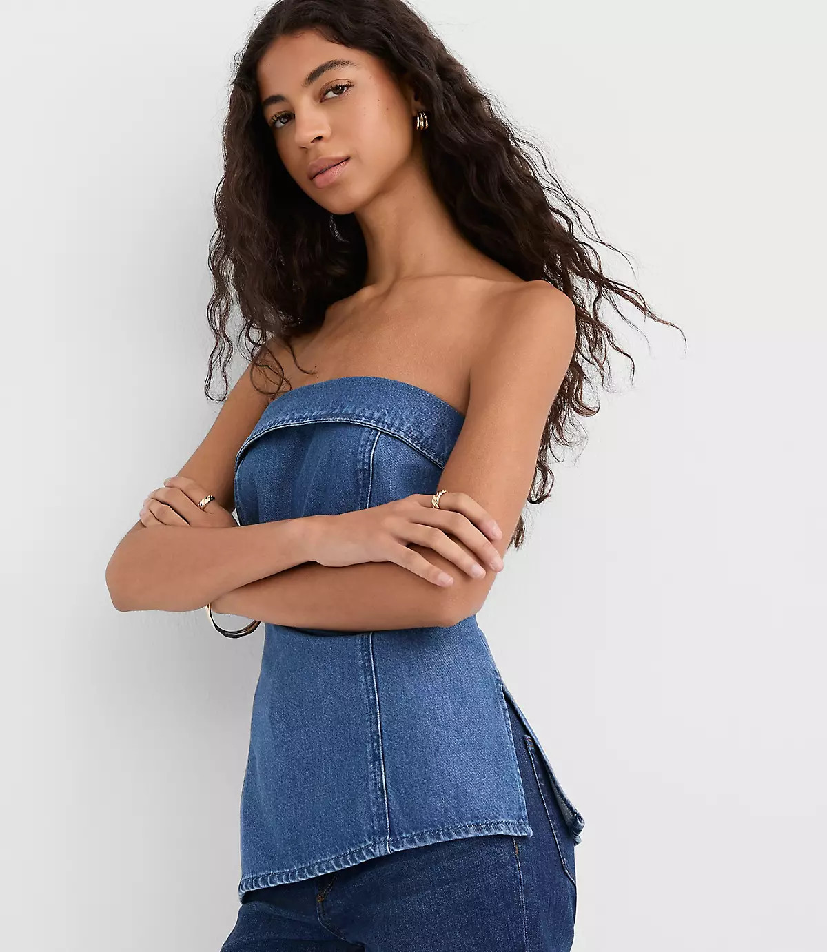 Denim Foldover Strapless Top in Classic Mid Wash | LOFT