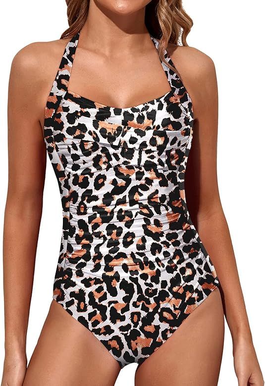 Tempt Me Women Tummy Control Vintage Halter One Piece Swimsuit Ruched Padded Bathing Suits | Amazon (US)