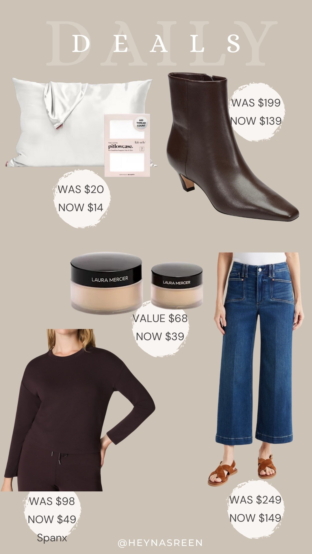 Daily deals on Kitsch satin pillowcase, Marc Fisher LTD booties, Laura Mercier translucent powder duo, Paige jeans, Spanx air essentials top