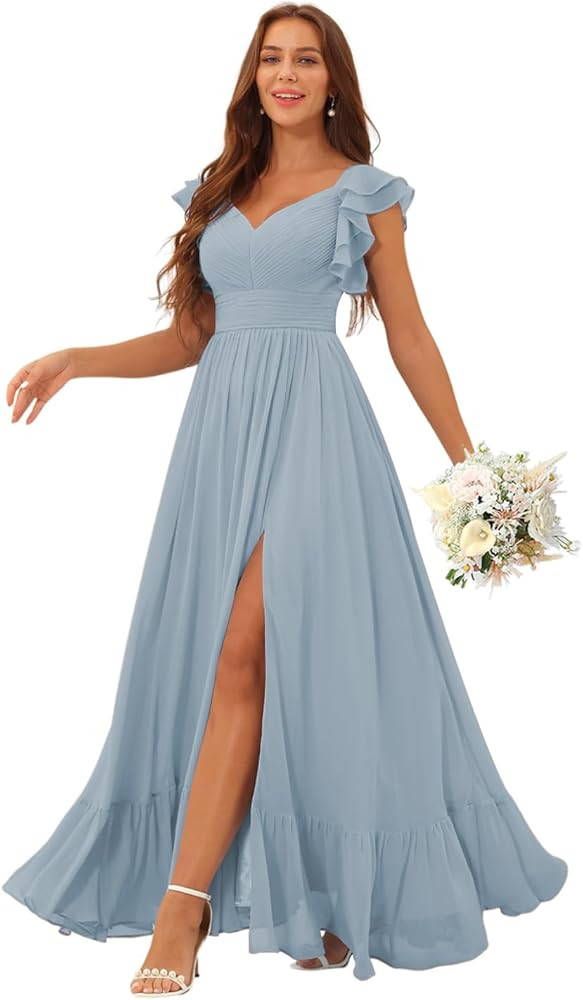 Clothfun Women's Ruffle Sleeves Bridesmaid Dresses Long A Line Chiffon Formal Party Dress with Po... | Amazon (US)