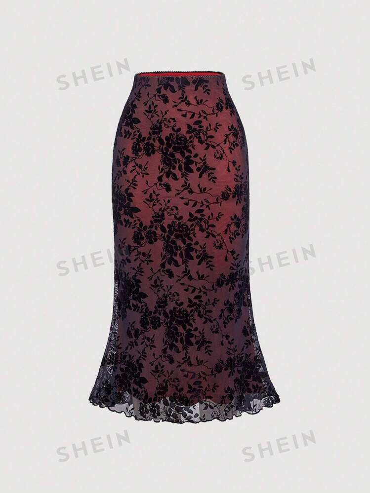 SHEIN MOD Women's Floral Printed Lace Patchwork Skirt | SHEIN