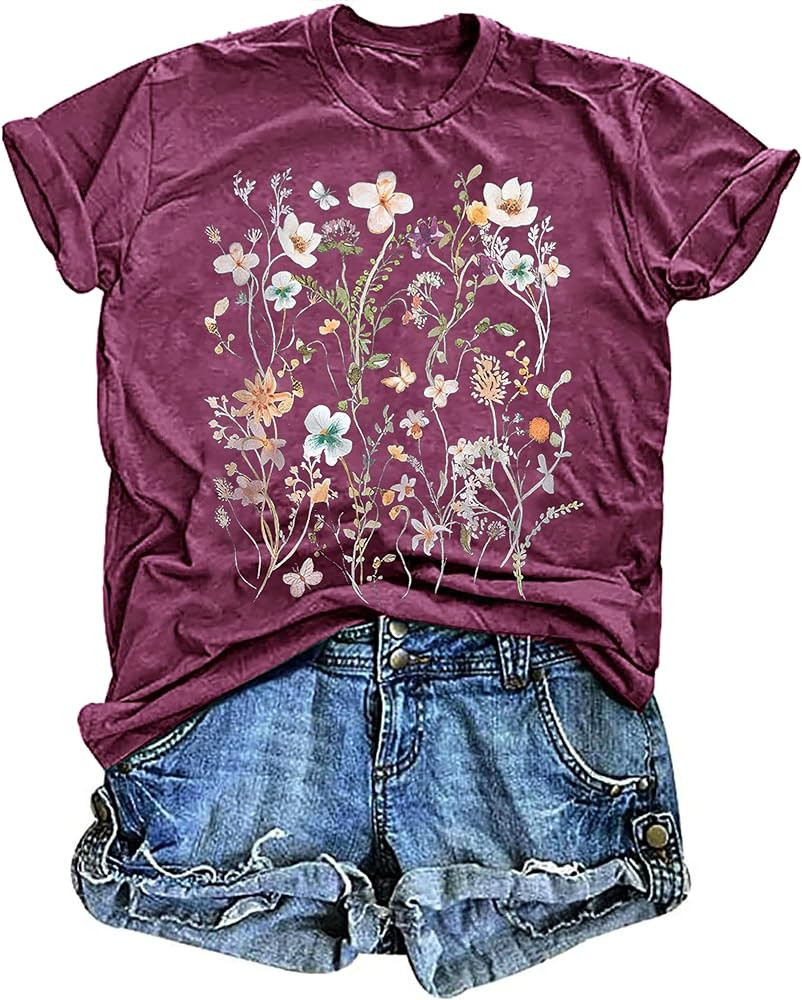 Women's Vintage Floral T Shirt Boho Wildflower Graphic Loose Tees Short Sleeve Casual Tops | Amazon (US)