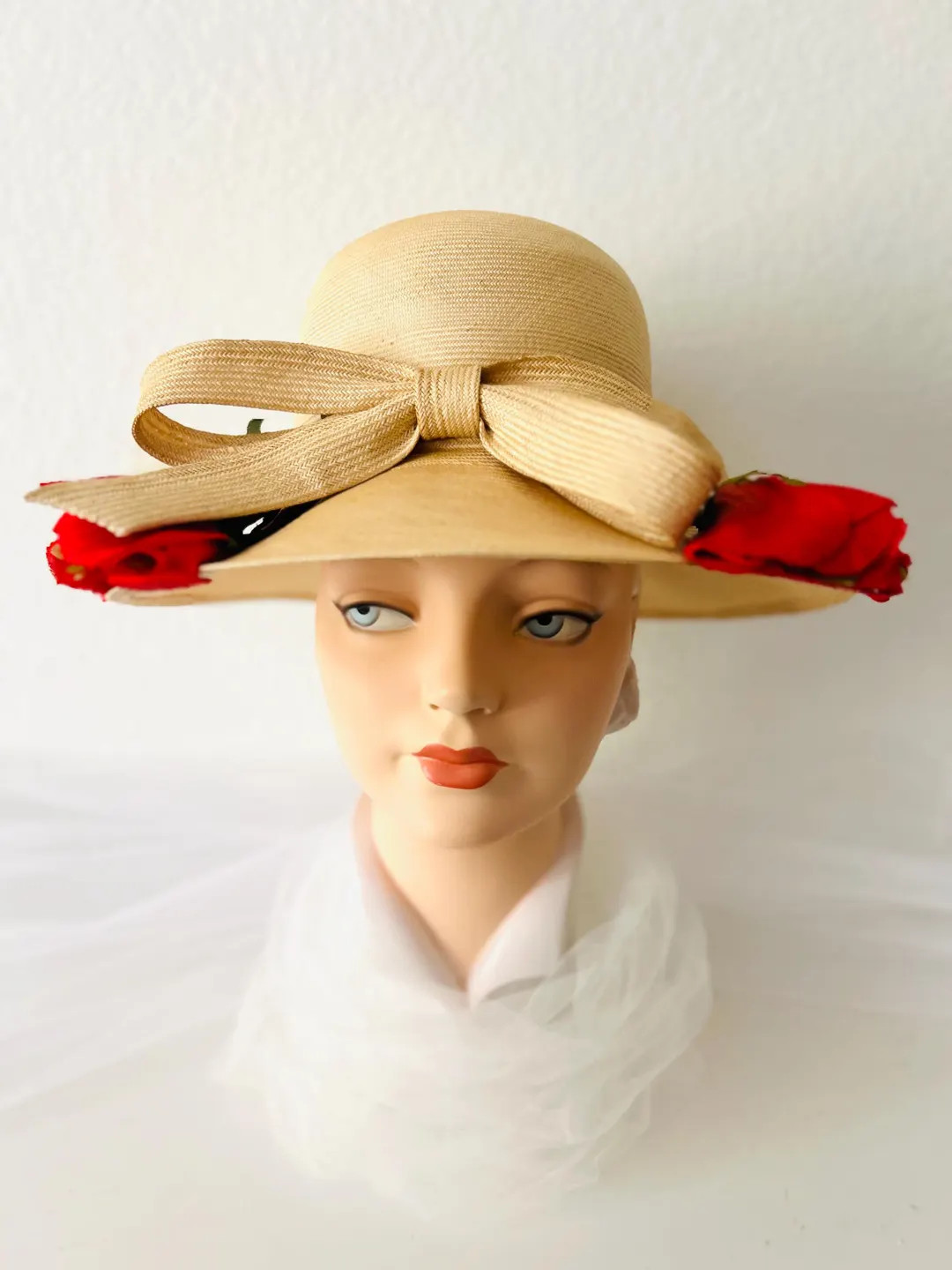 1960s Vintage Straw Hat With Red Flowers - Etsy | Etsy (US)