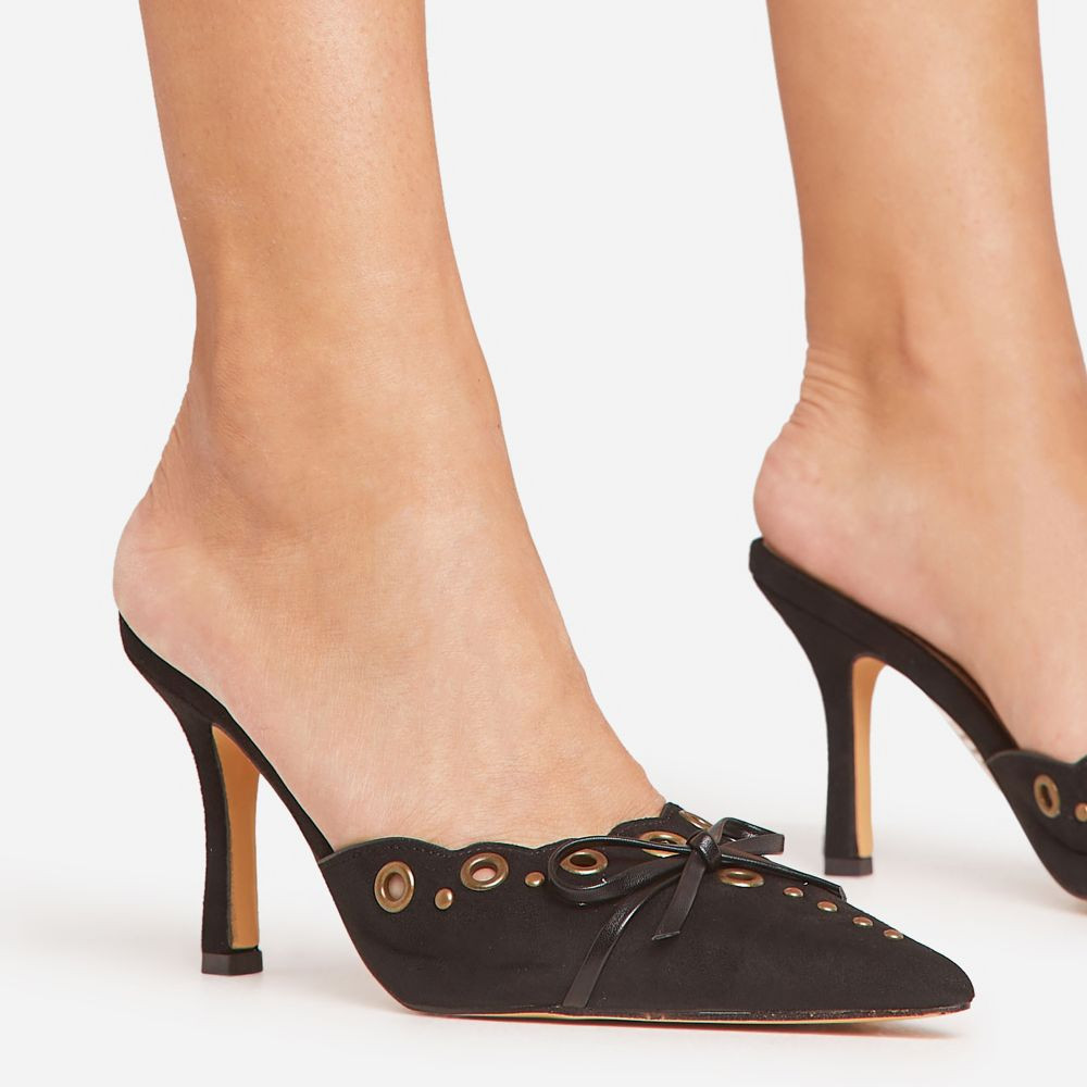 Charisma Eyelet Detail Pointed Toe Court Heel Mule In Black Faux Suede | EGO (UK)