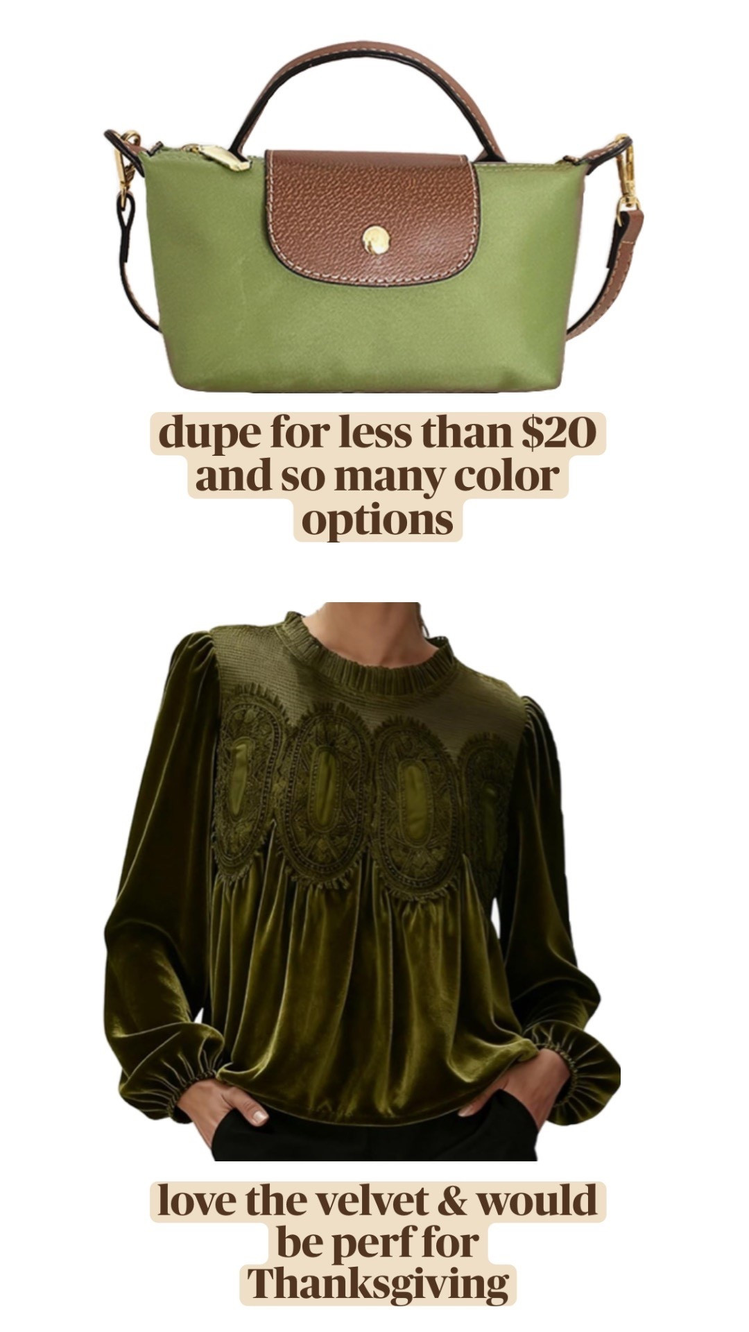 perfect green fall purse and blouse!! purse is a longchamp dupe and so many color options! green velvet top looks luxury but so affordable and would be perfect to wear for Thanksgiving and upcoming holiday season✨

#LTKItBag #LTKSeasonal #LTKFindsUnder50
