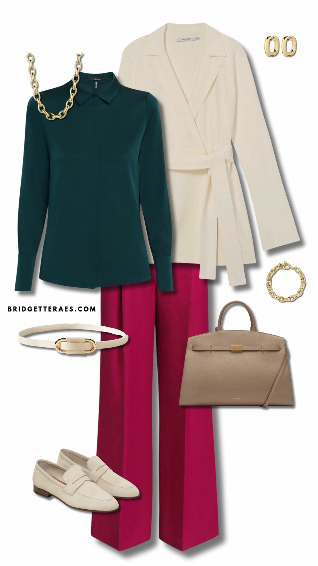 The deep teal blouse anchors the look with confidence and authority, while the crisp ivory wrap jacket adds structure and refinement without feeling rigid. Bold magenta trousers bring intention and presence, signaling a leader who is decisive and unafraid to stand out, yet always composed. Cream loafers ground the look with practicality and ease, ideal for long days that move from meetings to decision making. Finished with a taupe structured handbag, a sleek ivory belt, and bold gold accessories, this ensemble communicates credibility, control, and elevated professionalism with every detail working in quiet harmony.

#LTKOver40 #LTKootd #LTKWorkwear