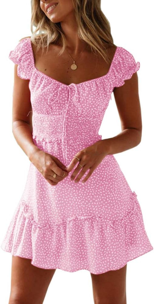 Womens Summer Ruffle Sleeve Sweetheart Neckline Printing Dress Mini Dress | Amazon (US)
