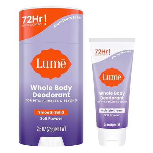 Lume Whole Body Deodorant - Invisible Cream Tube Mini and Solid Stick - 72 Hour Odor Control - Aluminum Free, Baking Soda Free, Skin Safe - 0.5 Oz Mini Tube + 2.6 Oz Solid Stick (Soft Powder) | Amazon (US)
