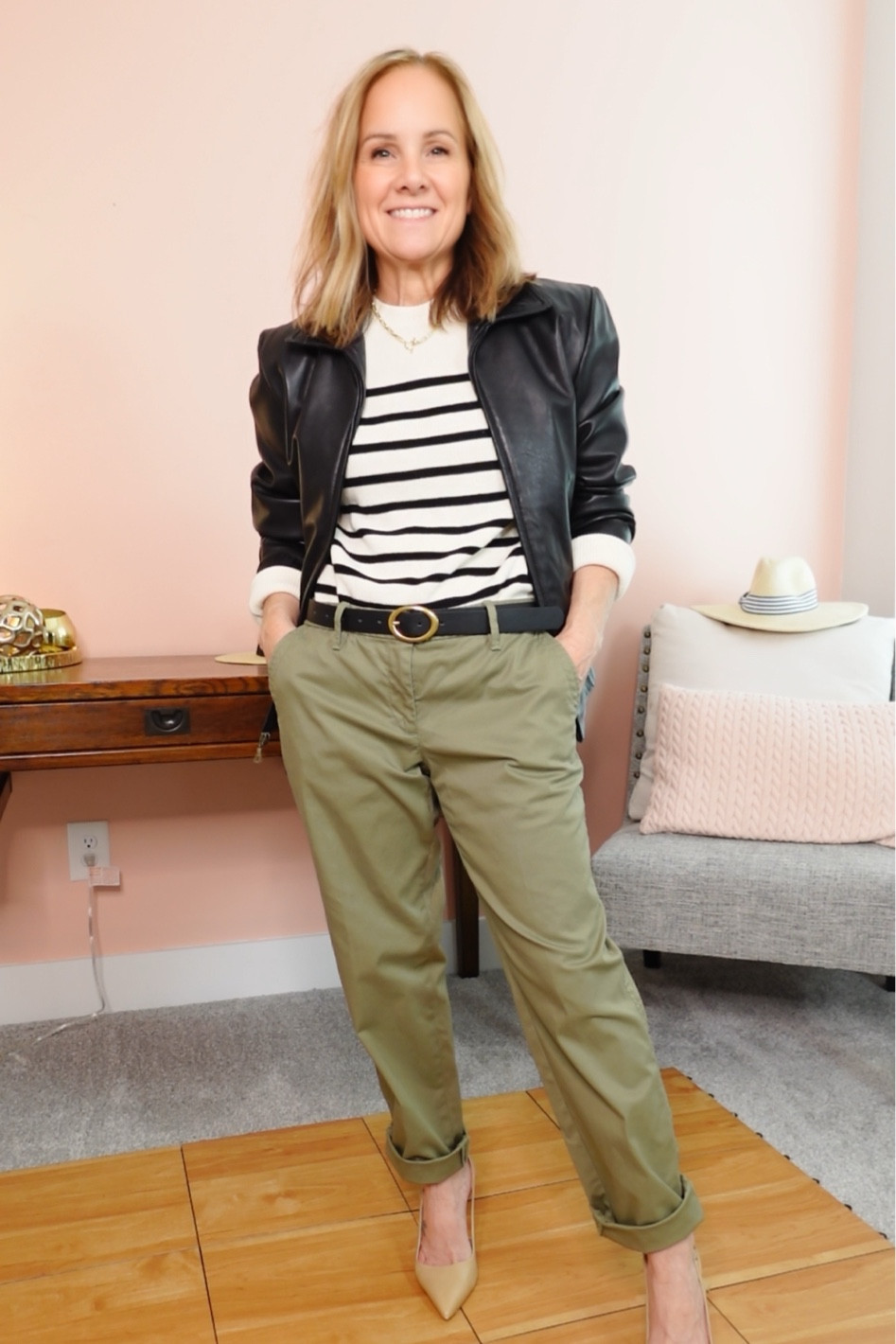 Fall Outfit Ideas.  

Talbots Relaxed Chinos (4 Petite)
Mango Striped Top (Small)
Leather Jacket (tagged similar style)
Schutz sling back heels 

#LTKStyleTip #LTKOver40