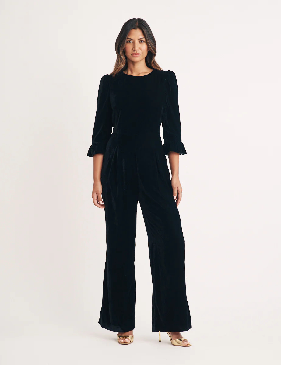 Black Velvet Frill Sleeve Fleur Jumpsuit | Nobody's Child