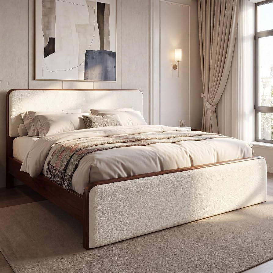 Merax King Size Bed Frame with Upholstered Headboard & Footboard, Mid-Century Modern Wood Platfor... | Amazon (US)