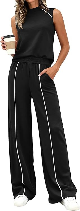 BTFBM Two Piece Sets for Women Summer Outfits 2026 Lounge Sets Mock Neck Tops Wide Leg Pants Trav... | Amazon (US)