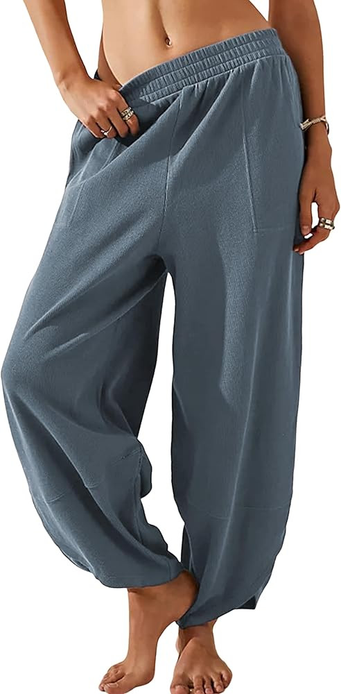 Xiaoxuemeng Womens Baggy Wide Leg Pants Casual Elastic Waisted Palazzo Harem Pants with Pockets | Amazon (US)