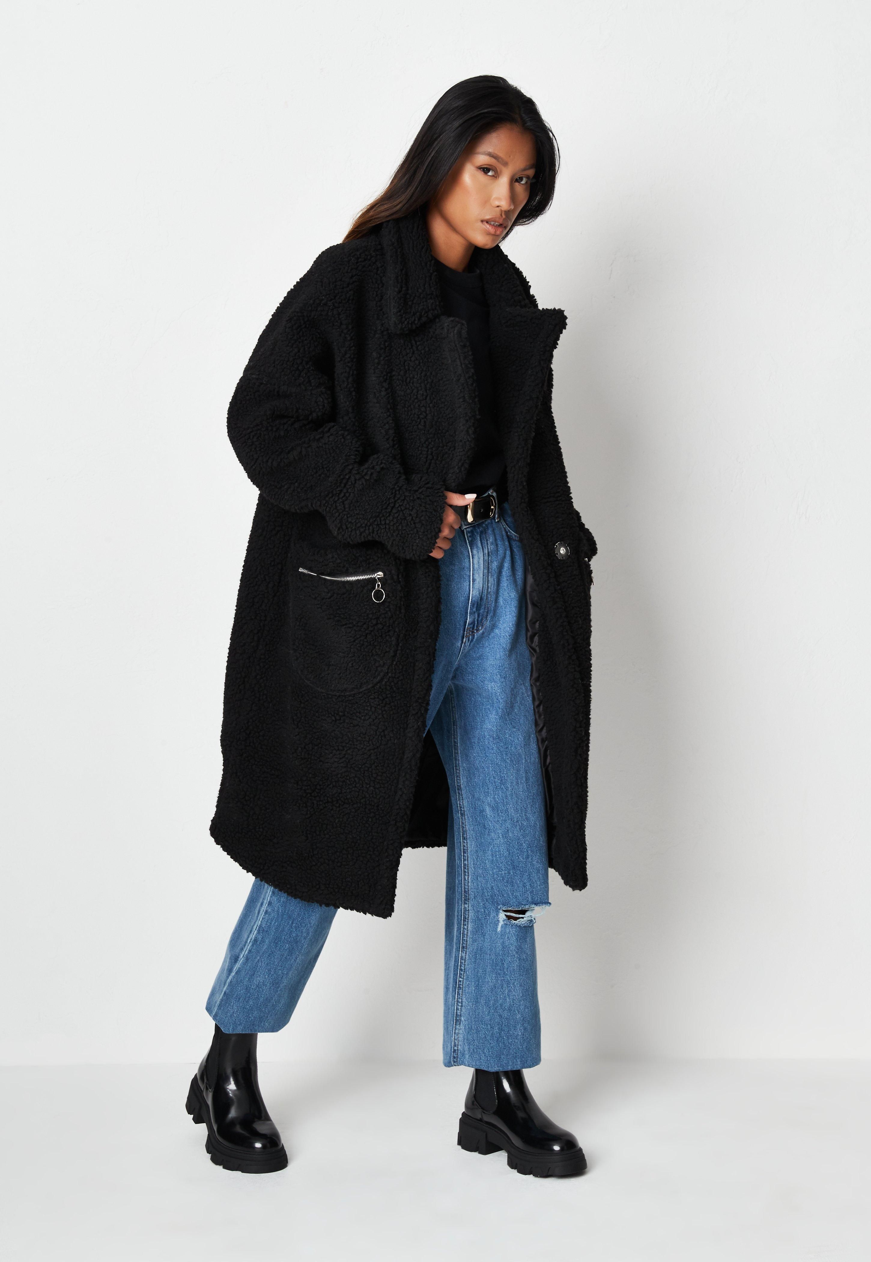 Missguided - Black Borg Teddy Zip Pocket Coat | Missguided (US & CA)