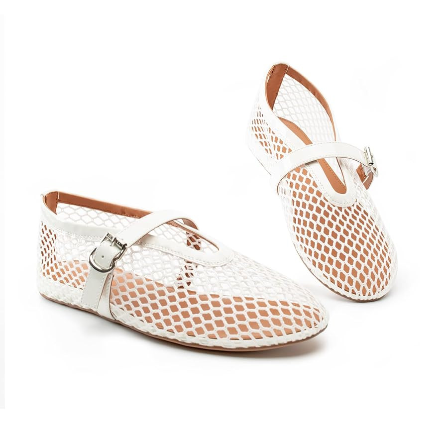 Women Mesh Flats Buckle Strap Round Toe Comfy Causal Ballet Flats Fashion Mary Jane Fishnet Balle... | Amazon (US)