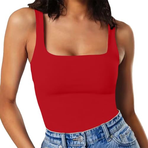 MISSJOY Sexy Square Neck Sleeveless Seamless Double Lined Slim Fit Stretchy Thong Bodysuit Tank Tops Red XL | Amazon (US)