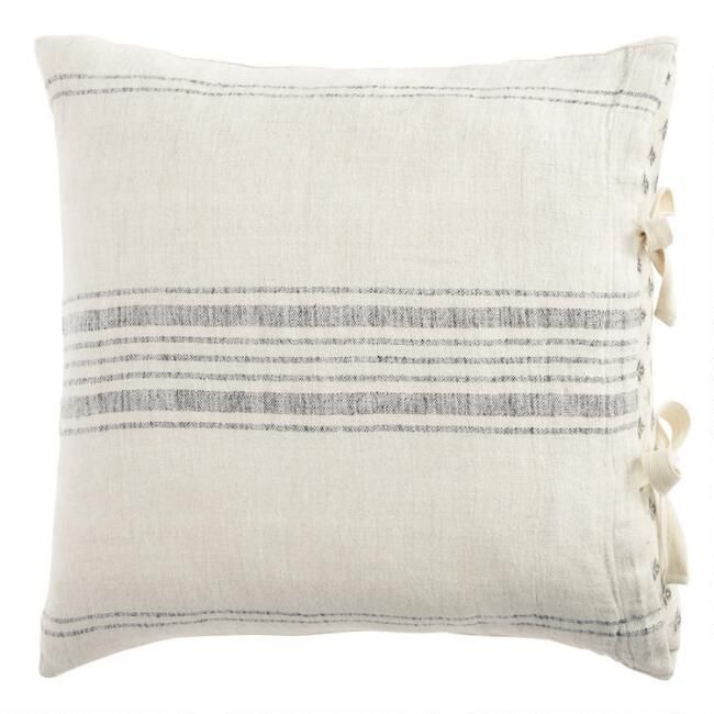 Gray and Blue Rustic Woven Stripe Linen Throw Pillow | World Market