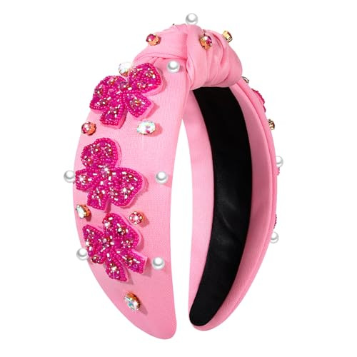 vokone Bow Headband Pearl Crystal Hot Pink Beaded Bow Embellished Knotted Headband Jeweled Wide Statement Concert Headband Outfit Accessories for Women | Amazon (US)