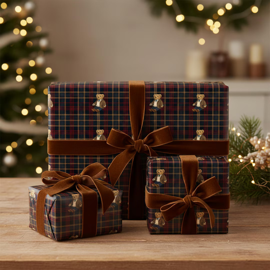Ralph Lauren Inspired Holiday Paper, Teddy Bear Christmas Wrapping Paper Roll, Plaid Gift Wrap, L... | Etsy (US)