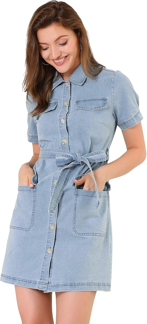 Allegra K Women's Jean Dress Collared Button Down Denim Belted Shirtdress | Amazon (US)