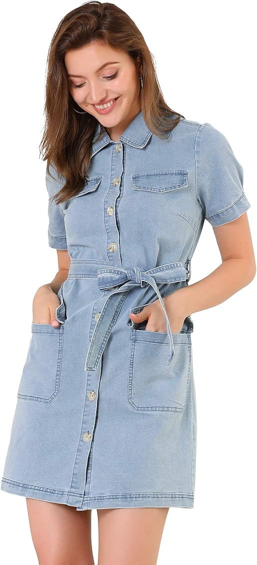 Allegra K Women's Jean Dress Collared Button Down Denim Belted Shirtdress | Amazon (US)