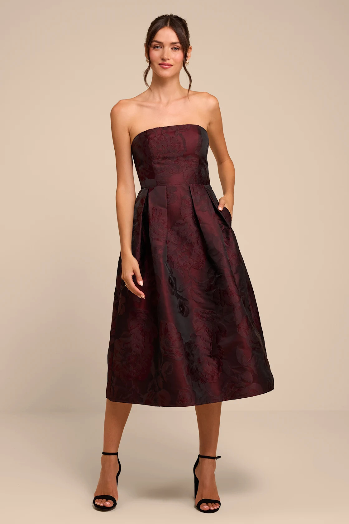 Laurelin Burgundy Floral Jacquard Strapless Midi Dress | Lulus