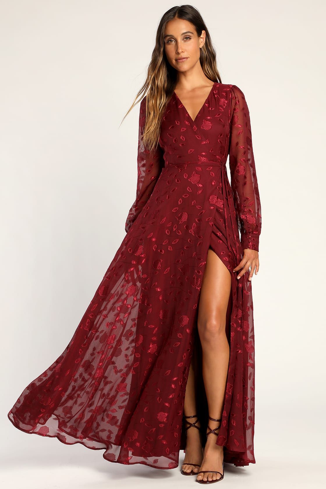 First Impressions Burgundy Long Sleeve Burnout Maxi Wrap Dress | Lulus (US)