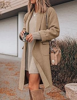 Hooever Women's Long Cardigan Wool Coat Open Front Pockets Warm Lapel Jacket Coat 2024 Fall Outer... | Amazon (US)