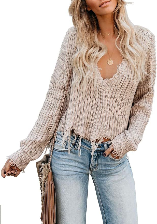 Elapsy Womens V Neck Long Sleeve Cotton Ripped Distressed Pullover Knitted Sweater | Amazon (US)
