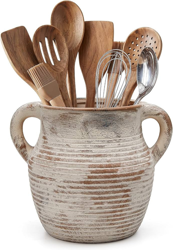Rustic Utensil Holder for Kitchen Counter - Ceramic Farmhouse Cooking Utensil Crock & Organizer f... | Amazon (US)