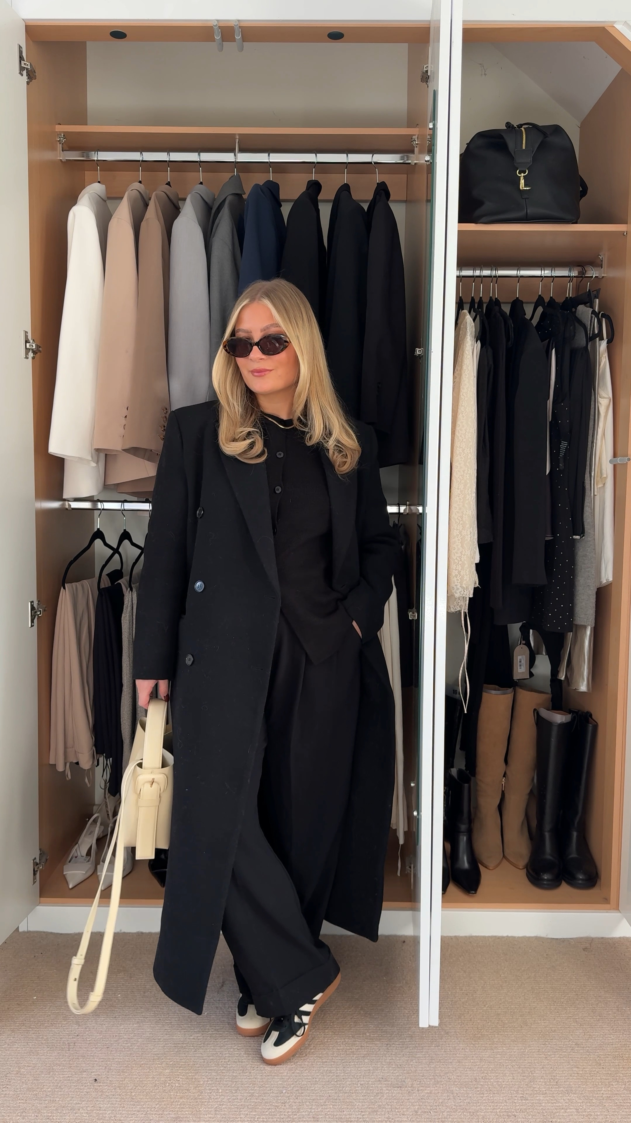 Button up waistcoat vest, black wide leg trousers, samba trainers, sunglasses, long line coat, crossbody bag leather

#LTKeurope #LTKSeasonal #LTKstyletip