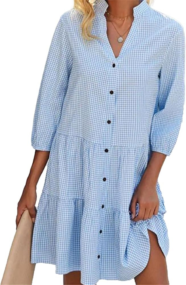Button Down Shirt Dress for Women Boho A Line Pleated Tiered Casual Dressy Midi Dresses 2025 Summ... | Amazon (US)