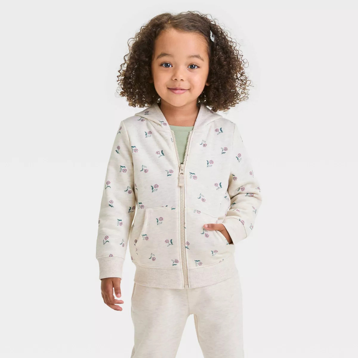 Toddler Girls' Fleece Zip-Up Floral Sweatshirt - Cat & Jack™ Beige 3T | Target